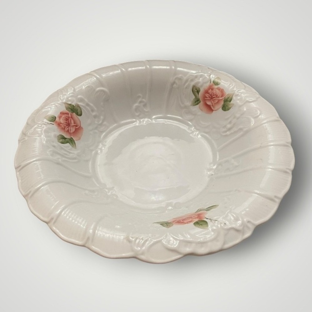 Vintage Ceramic Serving Bowl White Pink Rose Scalloped Romantic Cottage Feminine